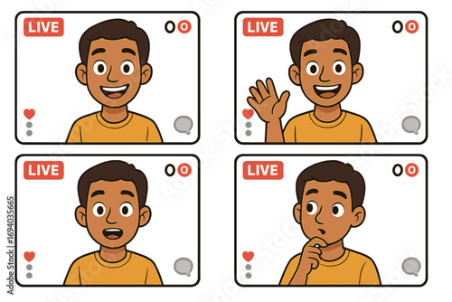 Social media live stream video call user frame set. Man cartoon character avatar with different emotions. Waving, thinking, smiling expressions. Vlogger or streamer icon.