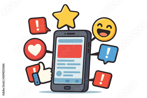 Social media marketing with a smartphone and reaction icons. User engagement and customer feedback. Vector cartoon of like, heart, star, emoji, and notification buttons.