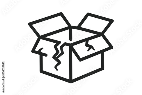 Broken box vector line icon. Damaged package symbol. Fragile delivery, shipping problem, return goods concept. Defective product carton. Open empty container illustration.