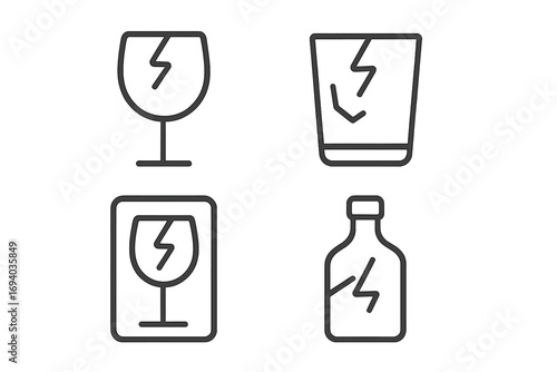 Broken glass outline icon set. Fragile warning sign for packaging. Shattered wine glass, bottle, tumbler symbols. Vector illustration for web, app design, caution label.