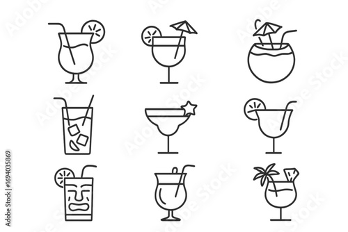 Tropical cocktail and summer drink line icon set. Beach party bar menu icons. Includes tiki glass, coconut drink, margarita, pina colada. Vector outline pictogram collection.