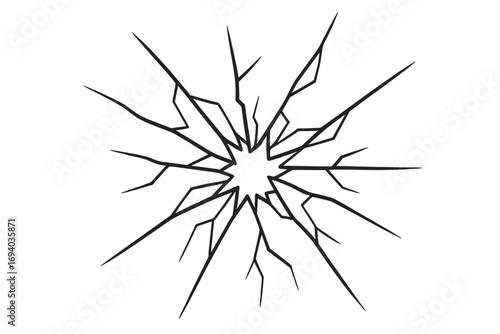 Broken glass vector outline illustration. Cracked window from impact. Shattered surface, destruction effect. Graphic design element for web, apps. Vandalism concept.