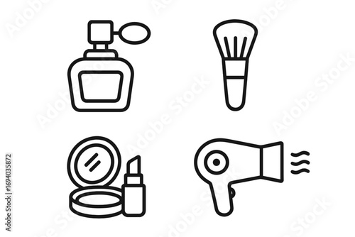 Beauty line icon set. Cosmetics, makeup, and hairdressing symbols. Perfume, powder brush, lipstick, hairdryer. Vector for web, app, salon, spa, and self-care concepts.