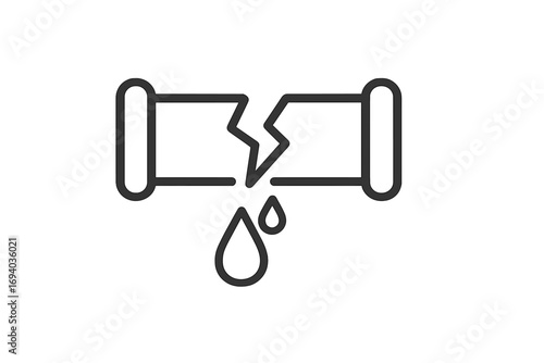 Broken pipe water leak icon. Plumbing problem symbol. Burst pipeline, water damage, and dripping emergency concept. Simple line art vector for repair service illustration.