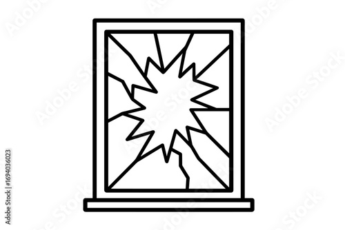 Broken window outline vector. Shattered glass with cracks and a hole. Simple line art icon for concepts of damage, destruction, vandalism, accident, despair, or ruin.