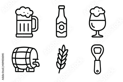 Beer icon set simple line collection. Vector icons for brewery, pub, bar. Editable stroke. Beer mug, glass, bottle, barrel, wheat, opener. Alcohol drink symbol pack.