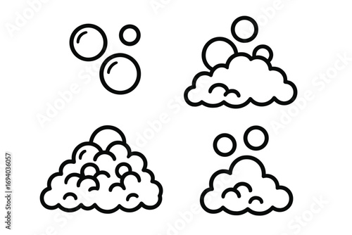 Soap foam and bubbles vector icon set. Simple line art illustration. Suds and lather graphic design elements for cleaning, washing, hygiene, shampoo, bath, and water.