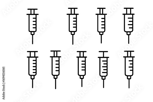 Syringe icon set for medical and healthcare concepts. Vector line art of injection, vaccine, immunization, and drug dose. Simple pictogram for web, app, and design projects.