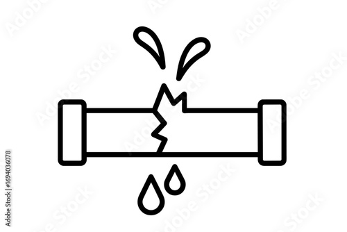 Broken pipe water leak line icon. Burst pipeline with dripping drops. Plumbing problem, home damage, emergency repair service. Leaking tube, waterline crack, accident symbol. Vector.