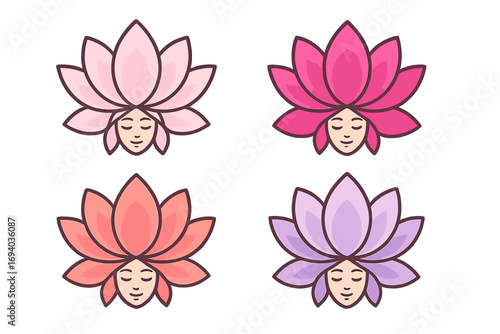 Woman face lotus flower logo design set. Vector illustration for beauty spa, salon, yoga. Feminine icon collection for wellness, meditation, cosmetics, harmony, and nature.