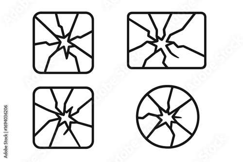 Broken glass outline icon set. Cracked window or screen symbol collection. Shattered surface sign for web design, apps. Vector illustration of damage, impact, crash.