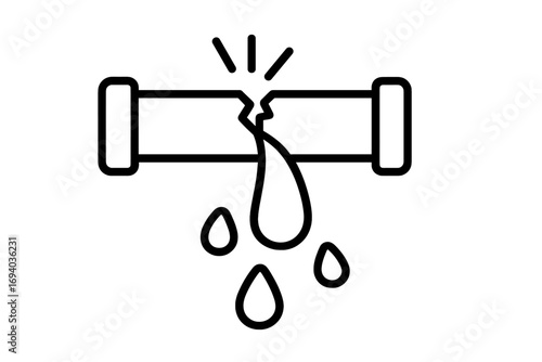 Broken pipe with water leak icon. Burst pipeline, dripping water. Plumbing problem concept. Water damage and leakage pictogram. Emergency repair linear sign. Vector design.