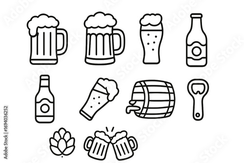 Beer icon set, simple line art collection. Vector icons for brewery, bar, pub. Lager, ale, craft beer concepts. Glass, mug, bottle, barrel, hop, toast symbols.