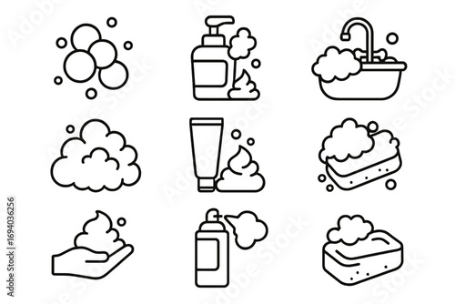 Soap foam and bubbles line icon pack. Vector outline icons for hygiene, cleaning, and washing. Set includes sponge, dispenser, bar soap, and bath symbols for web design.