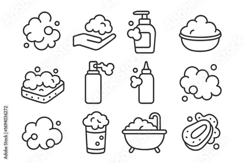 Soap and foam line icon pack. Washing and hygiene outline signs. Vector icons for graphic design, apps, and web. Bath, shower, clean, bubbles, shampoo, gel, sponge.