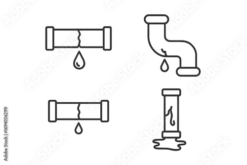 Broken pipe and water leak outline icon set. Plumbing problem, burst pipeline, and water damage symbols. Leaking tube linear vector collection. Editable stroke illustration.
