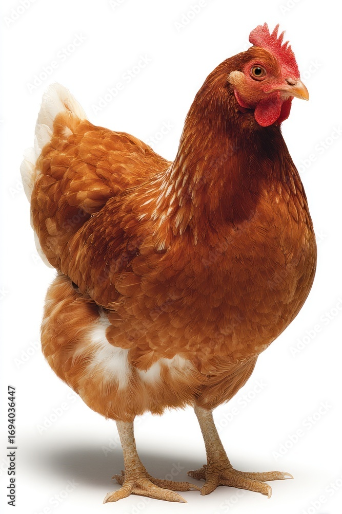 Fototapeta premium Brown hen standing on a white background. Sharp focus, bright color, close-up. Clean presentation
