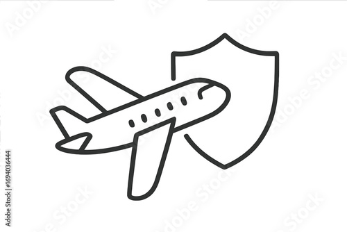 Travel insurance concept. Flight protection and safety symbol. Airplane with shield icon for secure journey and tourism. Aviation guarantee for web, apps, and banners.