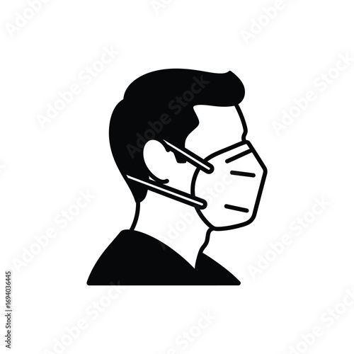 Vector icon of a man in profile wearing a protective respirator face mask, a symbol of health and safety during a pandemic