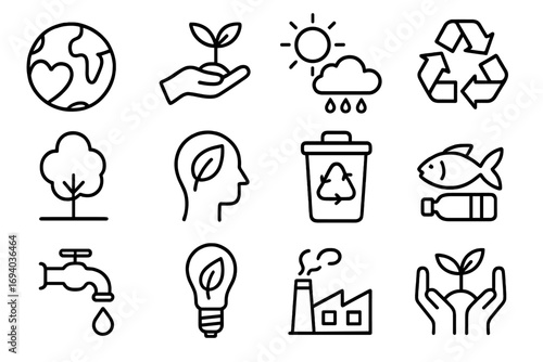 Environmental protection line icon pack. Nature conservation outline signs. Includes recycling, green energy, pollution, and water saving symbols. Vector cartoon illustration set.