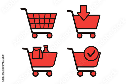 Shopping cart icon set for e-commerce. Vector line icons for online store, web design, apps. Add to cart, basket, checkout, buy, purchase, order complete symbols.