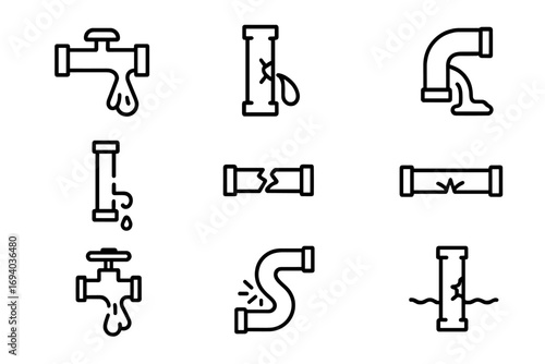 Broken pipe line icon set. Plumbing water leak and pipeline damage concept. Vector icons for burst pipe, dripping faucet, water flow, accident, emergency repair service.
