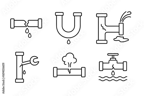 Broken pipe line icon set. Plumbing problems vector collection. Water leak, burst pipeline, dripping faucet, and damage concepts. Editable stroke for plumbing repair service.