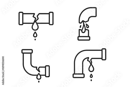 Broken pipe icon set. Plumbing leak and water damage concept. Burst pipeline with dripping water drops. Editable stroke line icons for emergency repair service. Vector symbols.