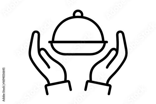 Hands serving food cloche icon. Restaurant catering service symbol. Waiter holding covered platter or tray. Gourmet dinner or meal delivery concept vector line art illustration.