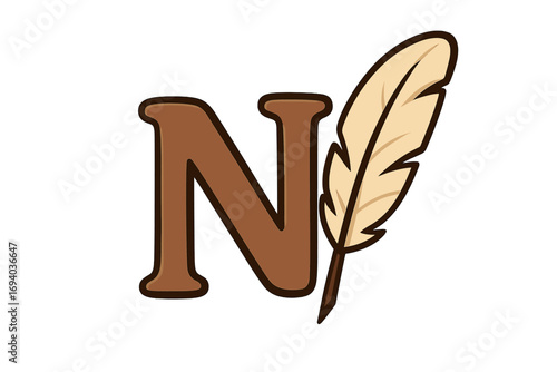 Letter N logo with quill feather pen icon. Vector illustration for writer, author, or notary. Alphabet initial monogram for education, literature, poetry, or history.