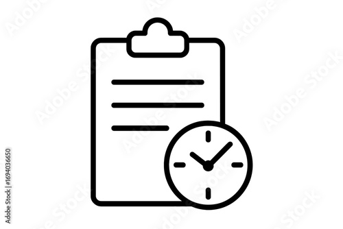 Time management concept icon. Clipboard with clock, schedule and deadline symbol. Planning, task management, agenda, checklist, report sign. Vector linear illustration.