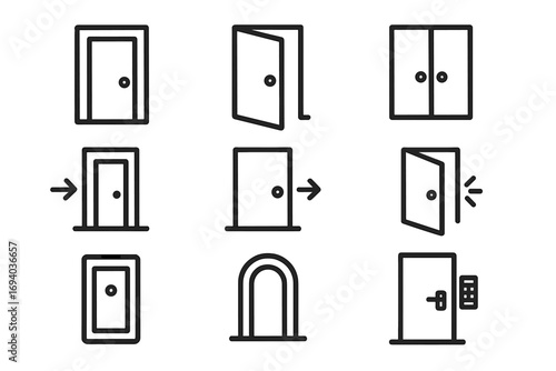 Doors line icon set. Entrance, exit, open, close, and security symbols. Vector pictogram collection for website and application user interface design. Editable stroke.