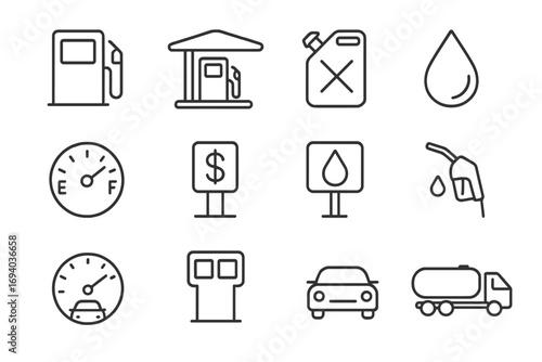 Gas station line icon set. Fuel, gasoline, petrol symbols. Vector bundle of minimalistic pictograms with editable stroke. Includes pump, canister, tanker truck and price sign.