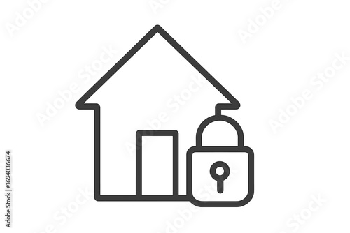 Home security concept with house and padlock line icon. Vector for property protection, real estate safety, private access, and smart home alarm system. Minimalist sign.