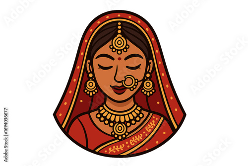 Serene Indian bride in traditional red sari and gold jewelry. Vector logo illustration of a beautiful Hindu woman's face. Desi wedding character icon for cultural and beauty concepts.