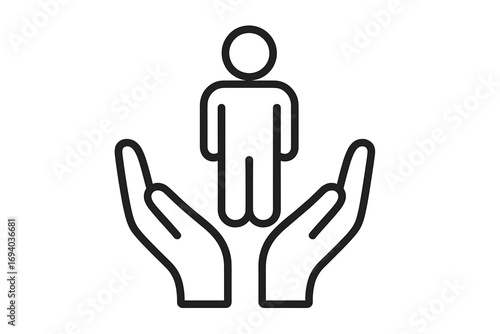 Human in safe hands icon. Concept of care, protection, and safety. Life, health, and car insurance. Support, help, and assistance symbol. Social welfare and charity logo.