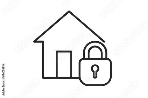 Home security thin line icon with house and lock. Property safety, protection, and insurance concept. Private real estate vector symbol for web, app, and graphic design.