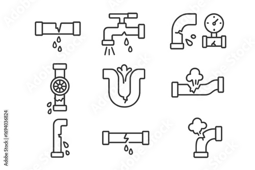 Broken pipes linear icons set. Plumbing problems, water leak and pipeline damage. Burst pipe, dripping faucet, cracked tube. Editable stroke vector pictograms collection.