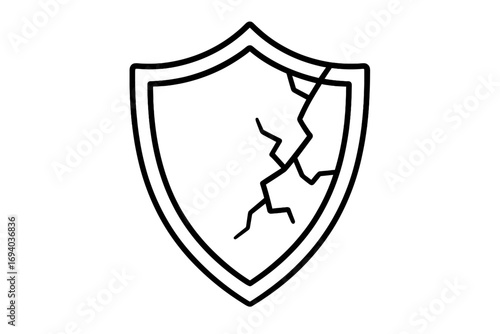 Broken shield line icon. Metaphor for vulnerability, risk, and danger. Concept of a failed security system, data breach, weak protection, and damage. Unsafe, insecure symbol.