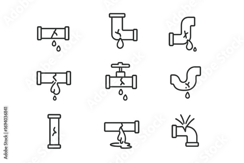 Broken pipes line icon set. Water leak, dripping, burst pipe. Plumbing problem, leakage, drainage, sewer damage vector pictogram. Editable stroke. Outline illustration.
