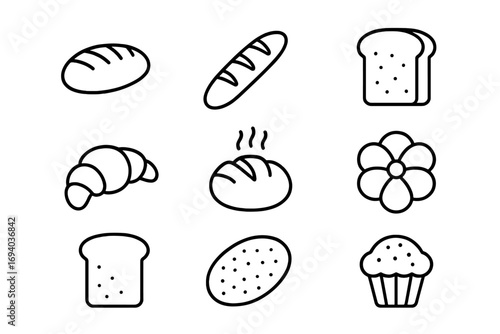 Bread and bakery line icon set. Pastry, croissant, loaf, baguette, muffin symbols. Minimal vector pictogram for web, menu, graphic design, apps and social media.