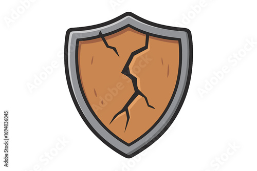 Cracked shield icon vector illustration. Broken security symbol. Vulnerability, danger concept. Damaged defense sign for data breach, failed protection, risk, game UI element.
