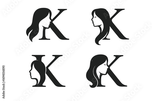 Set of letter K logo designs with a woman's face silhouette. Beauty salon, spa, or cosmetics brand monogram. Elegant vector initial icon for feminine business identity.