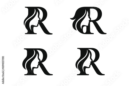 Beauty monogram letter R logo design set. Woman silhouette with long hair. Elegant feminine face profile for spa, salon, or cosmetics brand icon. Vector initial symbol.