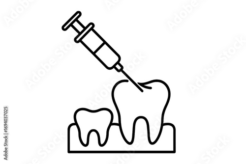 Dental anesthesia icon with syringe injecting a tooth for pain relief. Concept for dentistry, oral surgery, stomatology, and toothache treatment. Vector line art illustration.