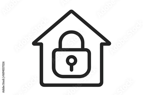 Home security icon with house and lock. Concept of property safety, protection, privacy. Real estate insurance logo. Secure building symbol for web, app, graphic design. Vector.