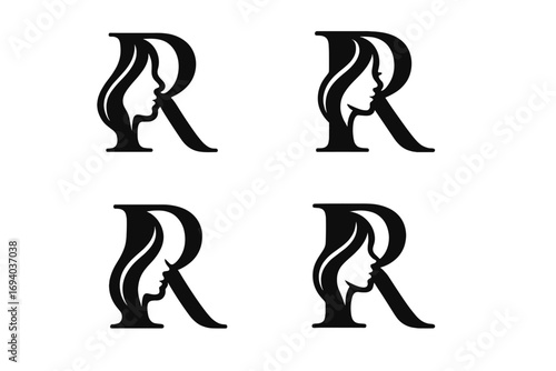Letter R monogram with a beautiful woman's face silhouette. Vector logo icon for beauty, hair salon, spa, cosmetics, fashion. Elegant feminine business brand initial concept.
