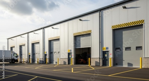 Modern industrial building with loading bays & grey roll-up doors on a paved lot under a partly cloudy sky