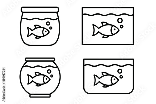 Fish in aquarium and fishbowl line icon collection. Minimalist outline pictogram set of pet fish in water. Simple aquatic animal vector illustration for web and apps.