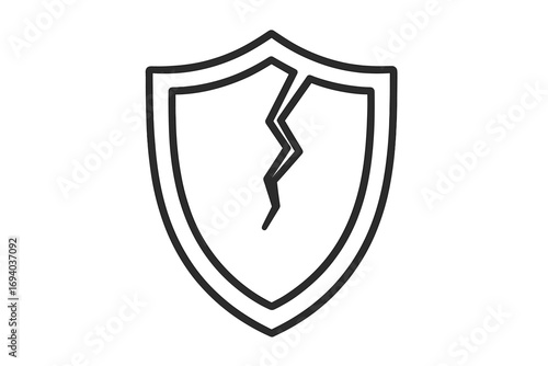 Cracked shield linear icon representing vulnerability, risk, and broken security. Unsafe protection symbol. Concept of data breach, danger, and system failure. Vector.